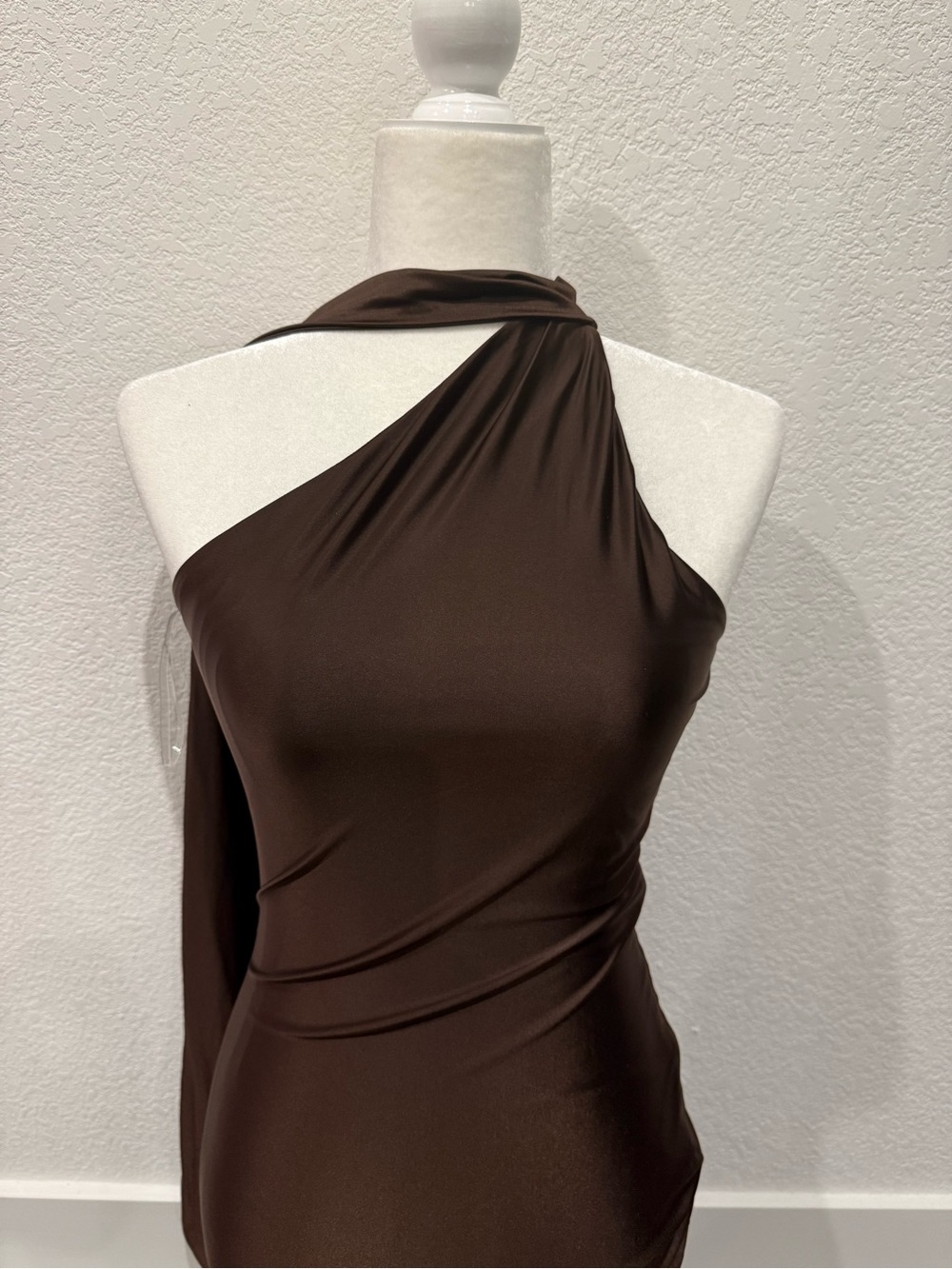 Oh Polly Shaya Asymmetric Scarf-Detail Midaxi Dress in Chocolate Brown - Picture 2 of 6